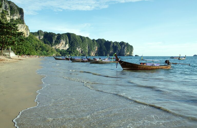 Longtail boats lined up on Ao Nang Beach
